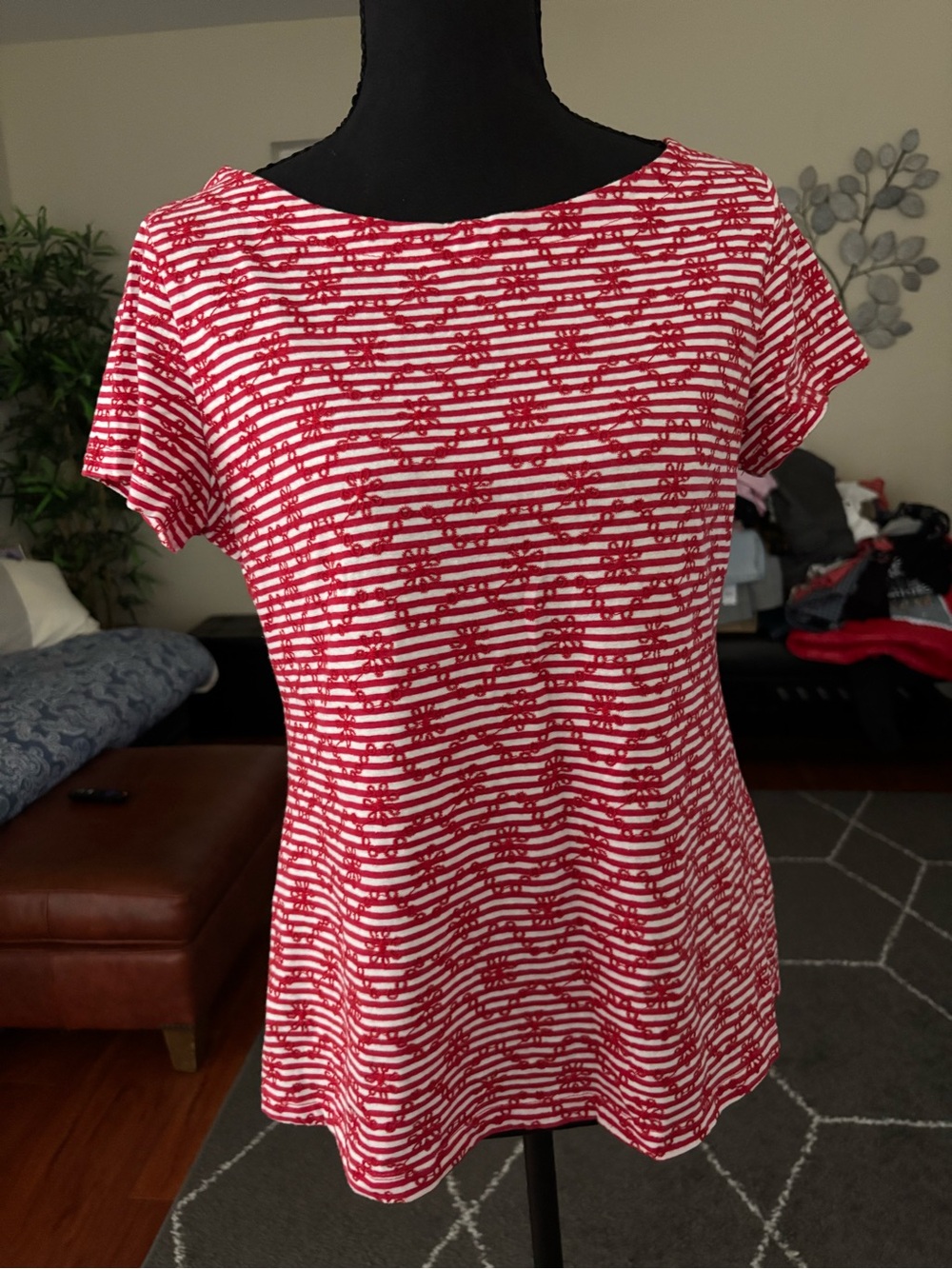 Anthropologie Red and White Striped Short Sleeve Tee